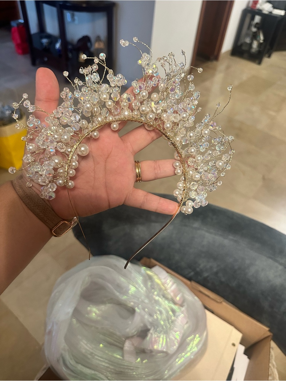Pearl & Crystal Bridal Tiara Headband - White/Gold
